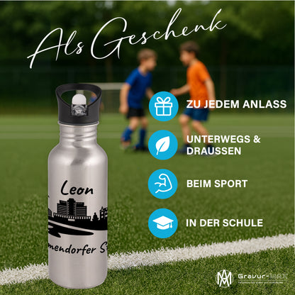 Trinkflasche in Silber 600ml aus Edelstahl bedruckt mit der Skyline von Timmendorfer Strand personalisierbar mit Wunschname