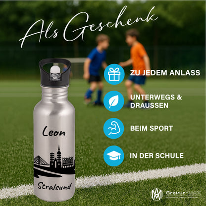 Trinkflasche in Silber 600ml aus Edelstahl bedruckt mit der Skyline von Stralsund personalisierbar mit Wunschname