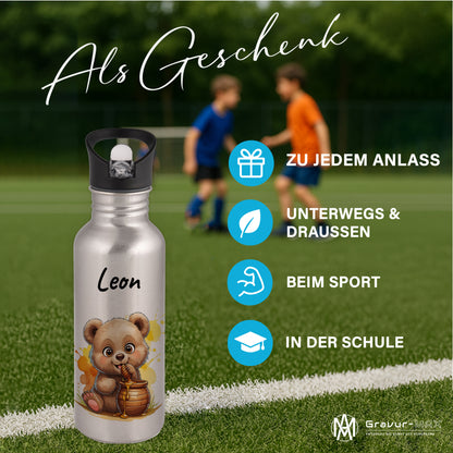 Trinkflasche mit Strohhalm in Silber 600ml bedruckt mit niedlichen Tieren"Bär" personalisierbar für Kinder mit Wunschname aus Edelstahl