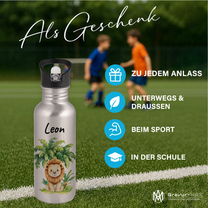 Trinkflasche mit Strohhalm in Silber 600ml bedruckt mit Dschungel Tieren"Löwe" personalisierbar für Kinder mit Wunschname aus Edelstahl