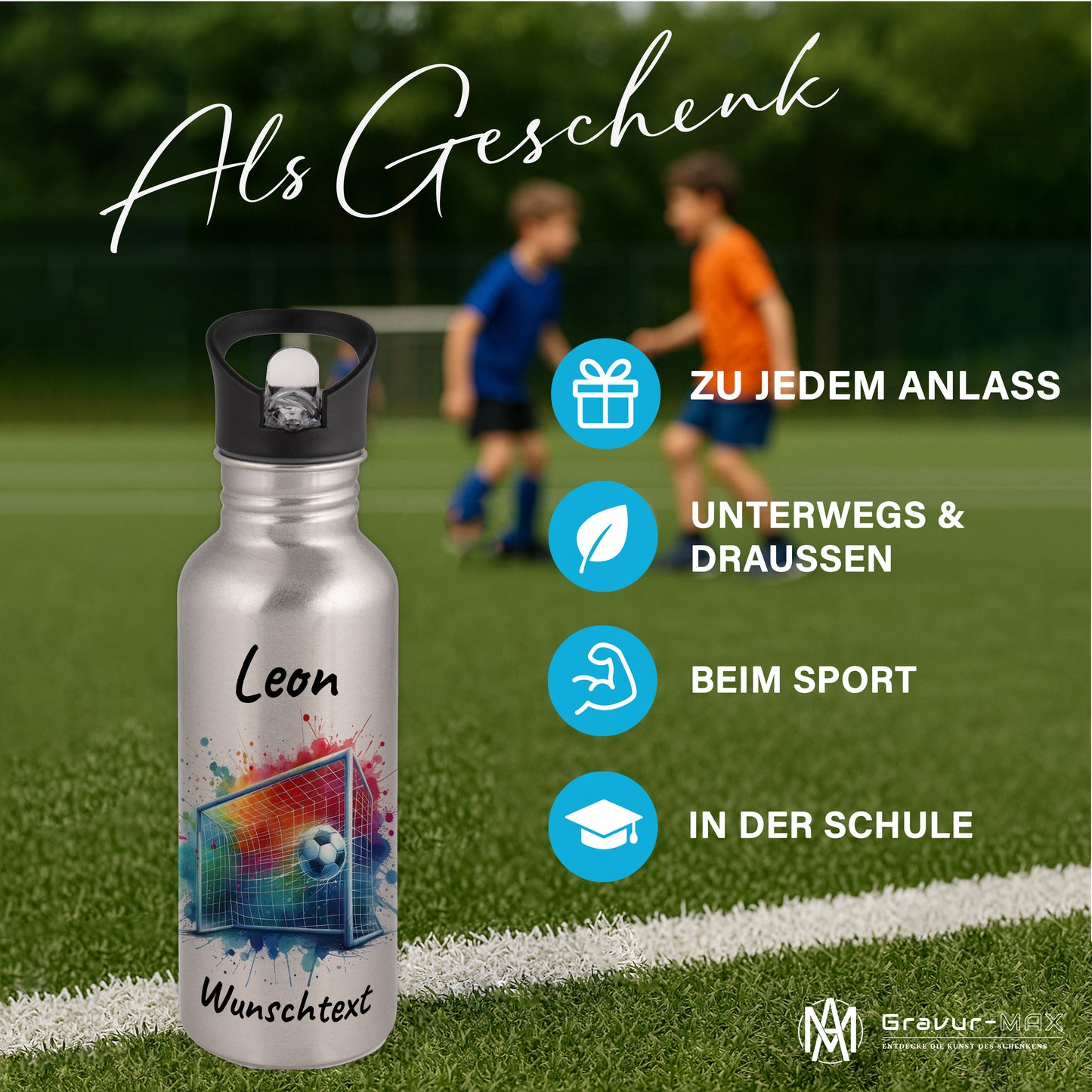 Trinkflasche mit Strohhalm in Silber 600ml bedruckt mit Fußball Motiven"Motiv5" personalisierbar für Kinder mit Wunschname aus Edelstahl