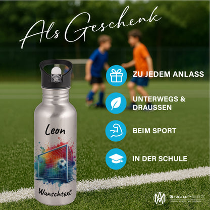 Trinkflasche mit Strohhalm in Silber 600ml bedruckt mit Fußball Motiven"Motiv5" personalisierbar für Kinder mit Wunschname aus Edelstahl