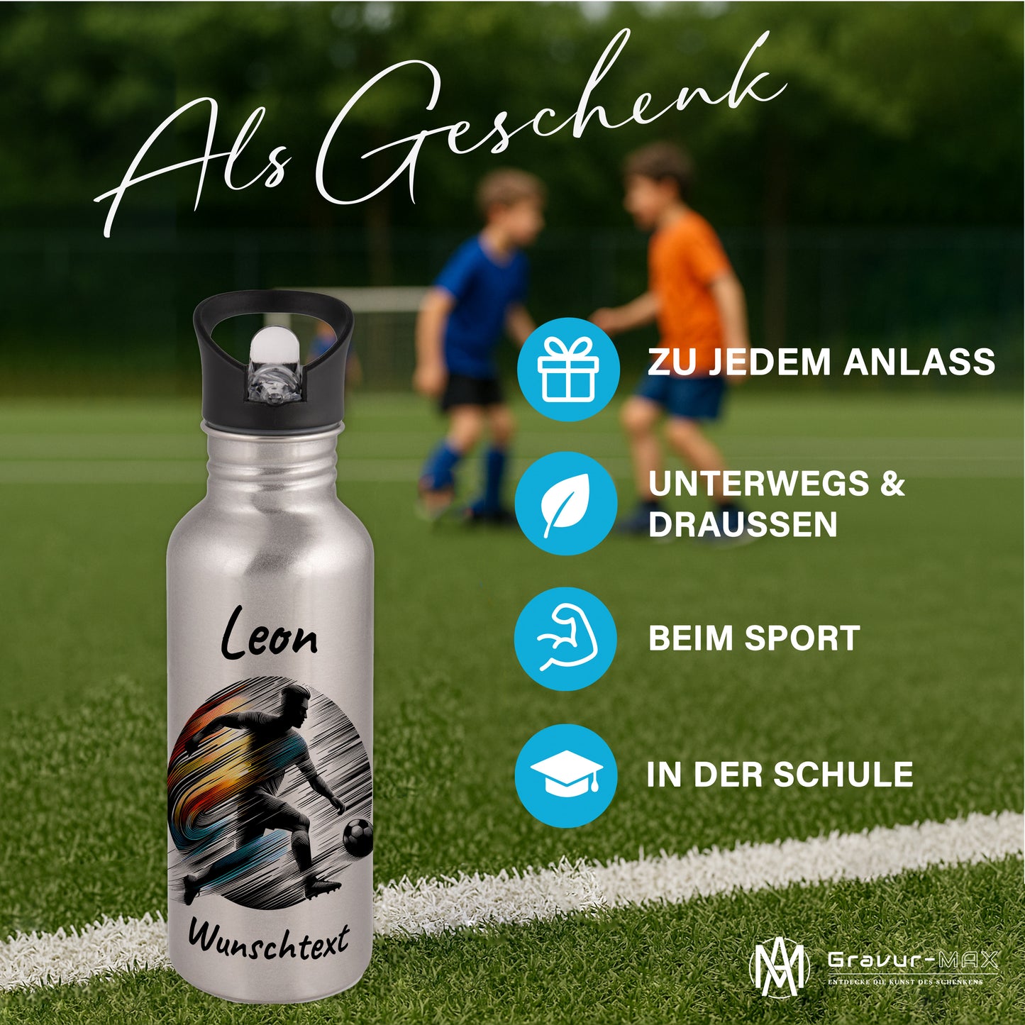 Trinkflasche mit Strohhalm in Silber 600ml bedruckt mit Fußball Motiven"Motiv2" personalisierbar für Kinder mit Wunschname aus Edelstahl