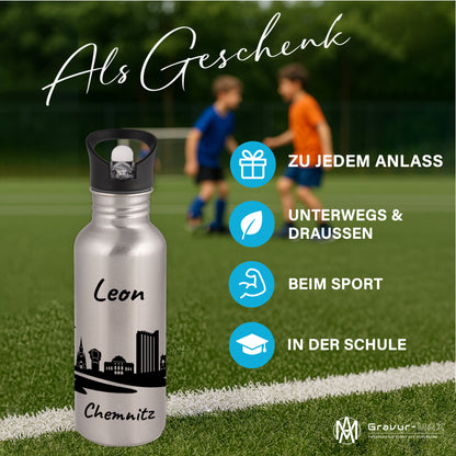 Trinkflasche in Silber 600ml aus Edelstahl bedruckt mit der Skyline von Chemnitz personalisierbar mit Wunschname