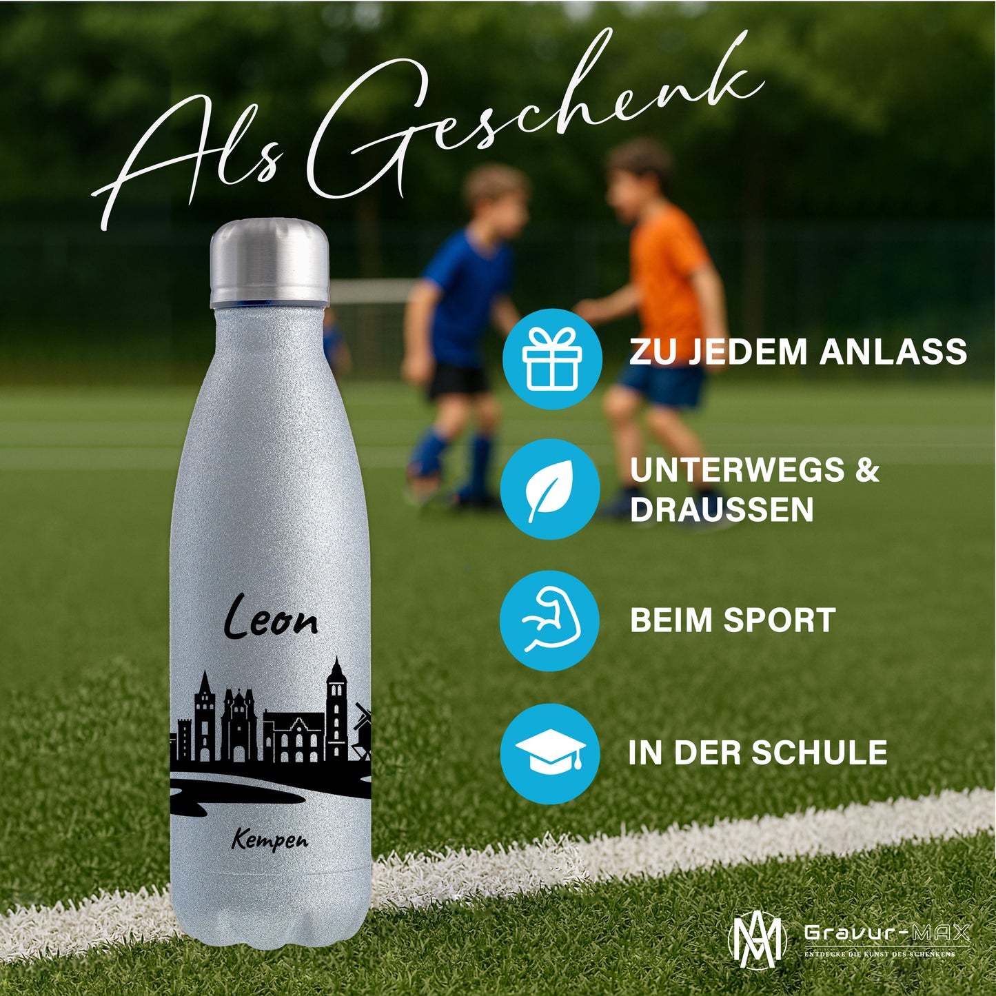 Glitzer Trinkflasche in Silber 500ml aus Edelstahl bedruckt mit der Skyline von Kempen personalisierbar mit Wunschname