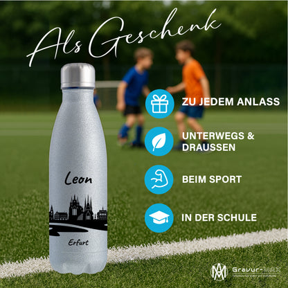 Glitzer Trinkflasche in Silber 500ml aus Edelstahl bedruckt mit der Skyline von Erfurt personalisierbar mit Wunschname