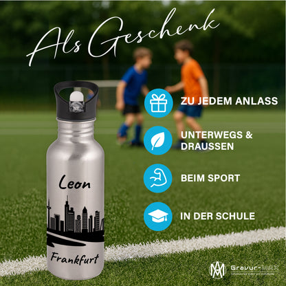 Trinkflasche in Silber 600ml aus Edelstahl bedruckt mit der Skyline von Frankfurt personalisierbar mit Wunschname