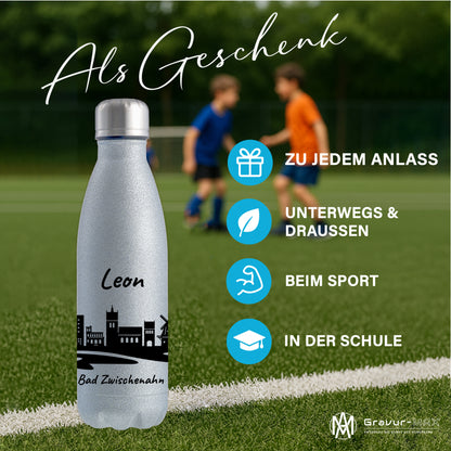 Glitzer Trinkflasche in Silber 500ml aus Edelstahl bedruckt mit der Skyline von Bad Zwischenahn personalisierbar mit Wunschname