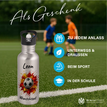 Trinkflasche mit Strohhalm in Silber 600ml bedruckt mit Fußball Motiven"Motiv9" personalisierbar für Kinder mit Wunschname aus Edelstahl