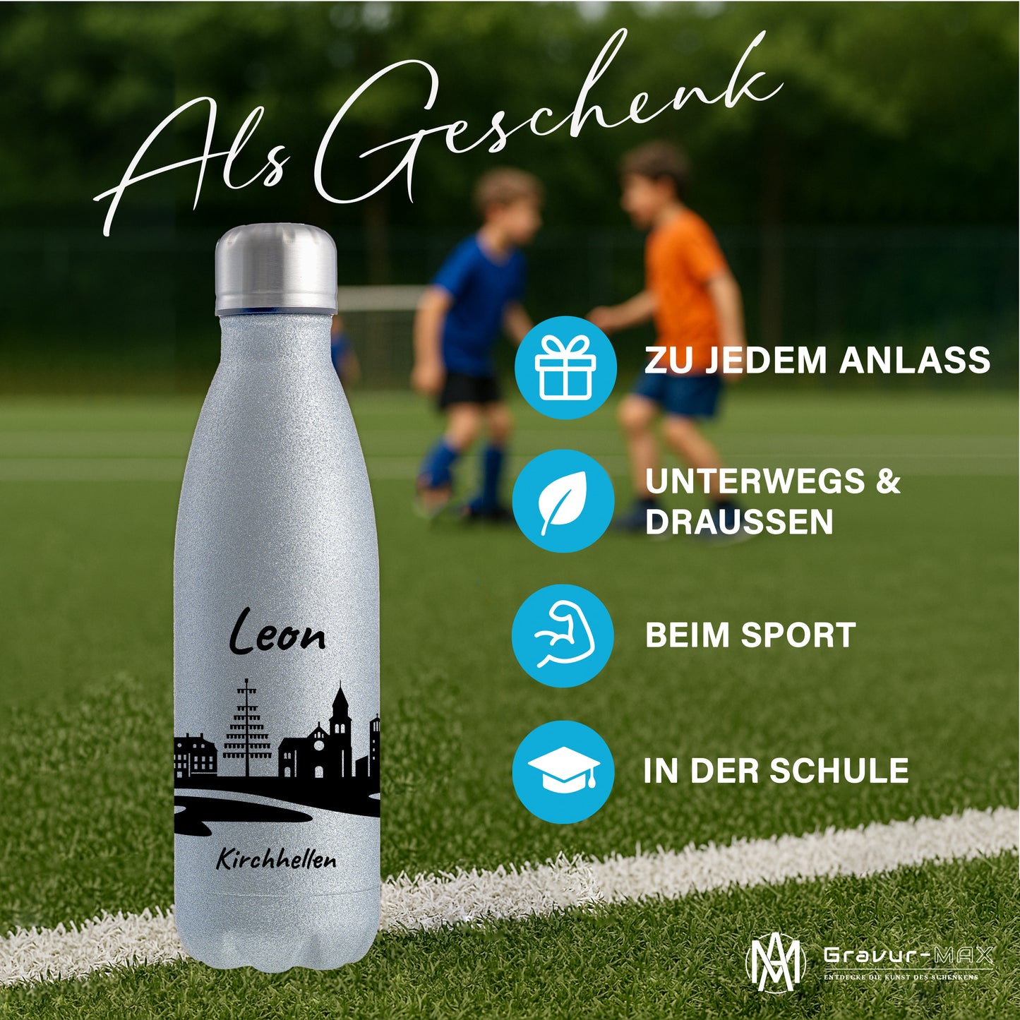 Glitzer Trinkflasche in Silber 500ml aus Edelstahl bedruckt mit der Skyline von Kirchhellen personalisierbar mit Wunschname