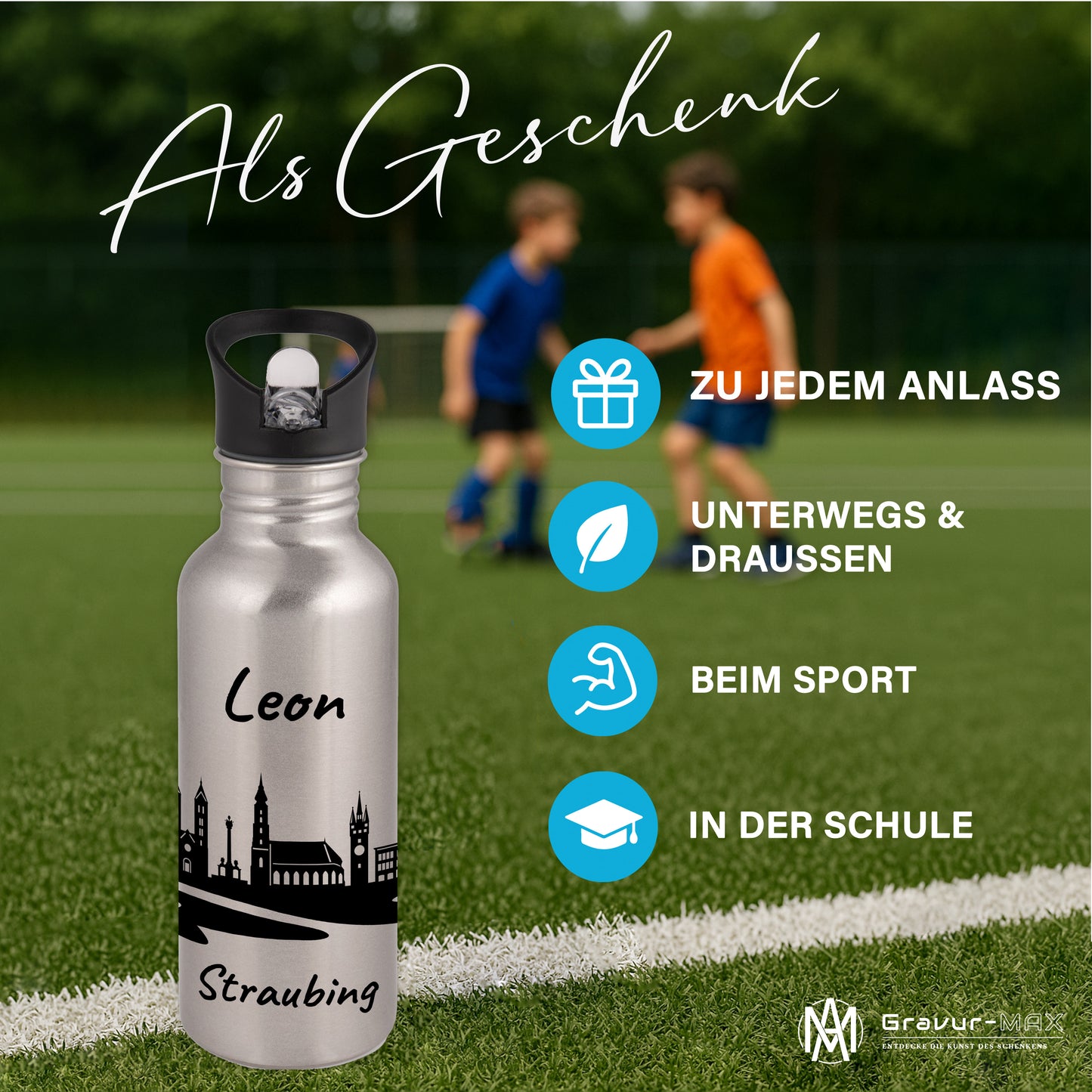 Trinkflasche in Silber 600ml aus Edelstahl bedruckt mit der Skyline von Straubing personalisierbar mit Wunschname