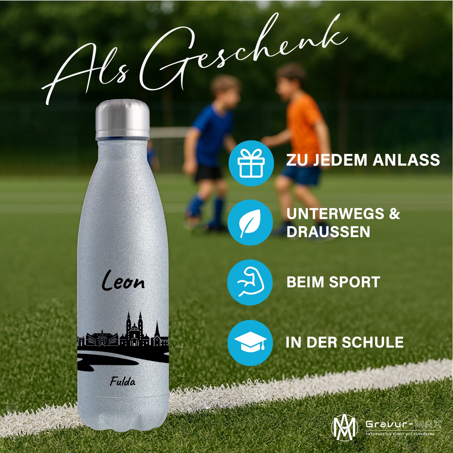 Glitzer Trinkflasche in Silber 500ml aus Edelstahl bedruckt mit der Skyline von Fulda personalisierbar mit Wunschname