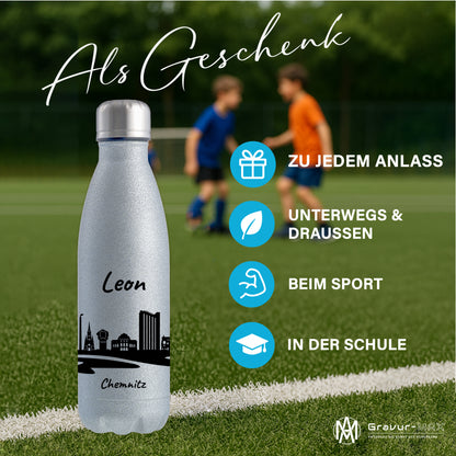 Glitzer Trinkflasche in Silber 500ml aus Edelstahl bedruckt mit der Skyline von Chemnitz personalisierbar mit Wunschname