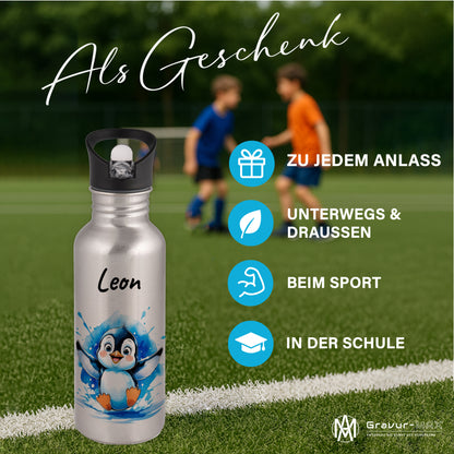 Trinkflasche mit Strohhalm in Silber 600ml bedruckt mit niedlichen Tieren"Pinguin" personalisierbar für Kinder mit Wunschname aus Edelstahl