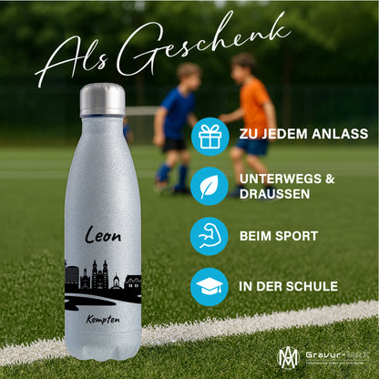 Glitzer Trinkflasche in Silber 500ml aus Edelstahl bedruckt mit der Skyline von Kempten personalisierbar mit Wunschname