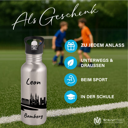 Trinkflasche in Silber 600ml aus Edelstahl bedruckt mit der Skyline von Bamberg personalisierbar mit Wunschname