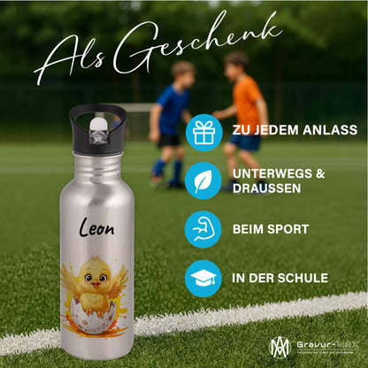 Trinkflasche mit Strohhalm in Silber 600ml bedruckt mit niedlichen Tieren"Küken" personalisierbar für Kinder mit Wunschname aus Edelstahl
