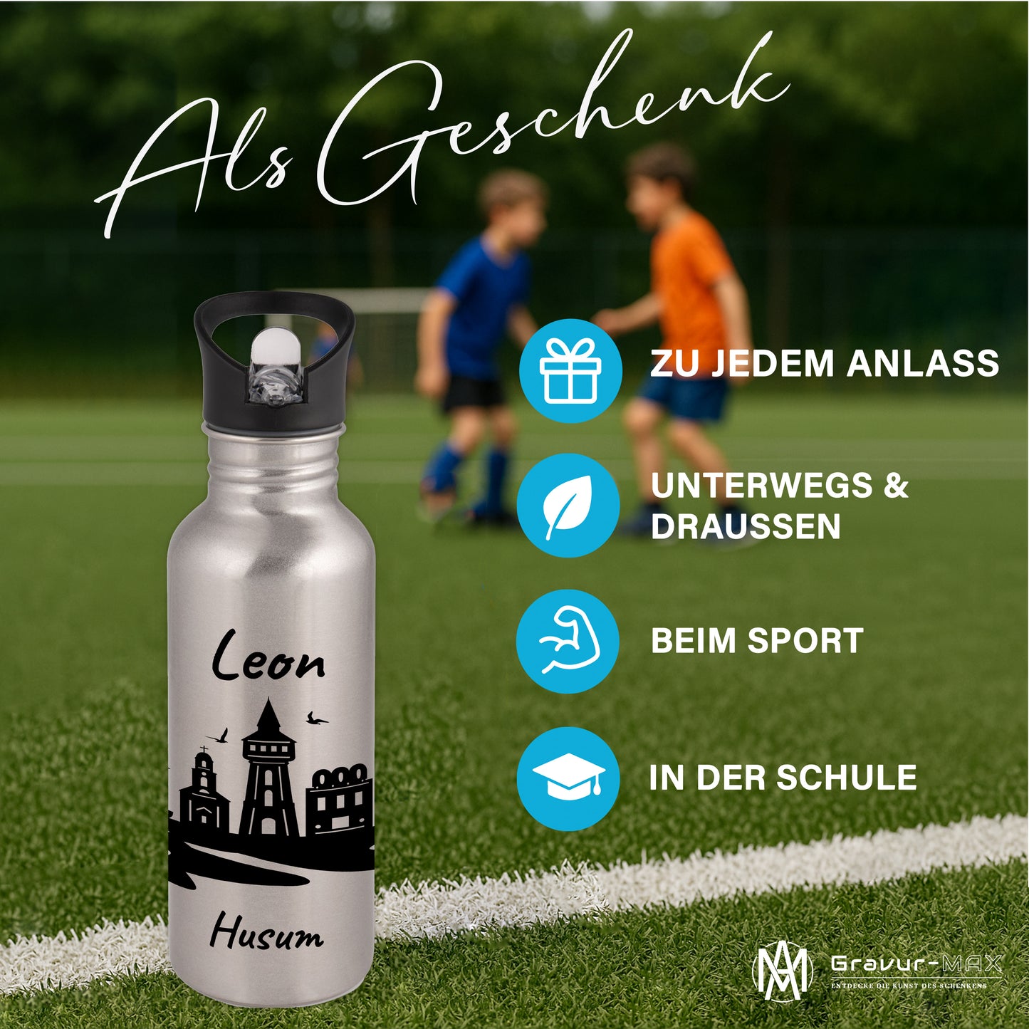 Trinkflasche in Silber 600ml aus Edelstahl bedruckt mit der Skyline von Husum personalisierbar mit Wunschname