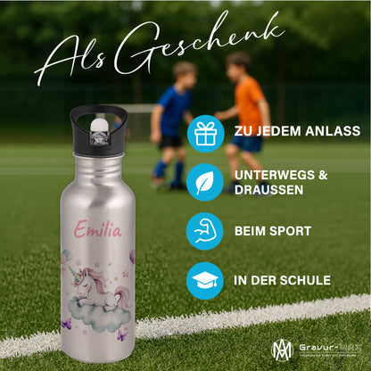Trinkflasche mit Strohhalm in Silber 600ml bedruckt mit tollen Motiven für Kinder "Einhorn Wolke" personalisierbar für Kinder mit Wunschname aus Edelstahl
