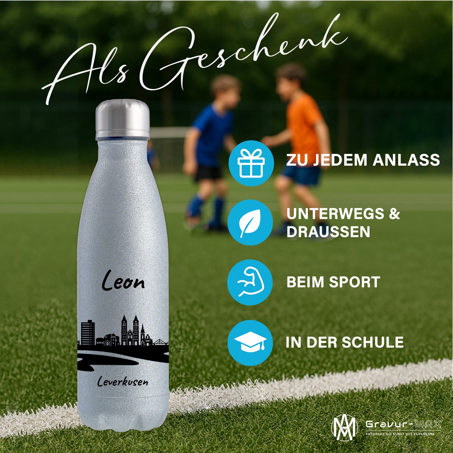 Glitzer Trinkflasche in Silber 500ml aus Edelstahl bedruckt mit der Skyline von Leverkusen personalisierbar mit Wunschname