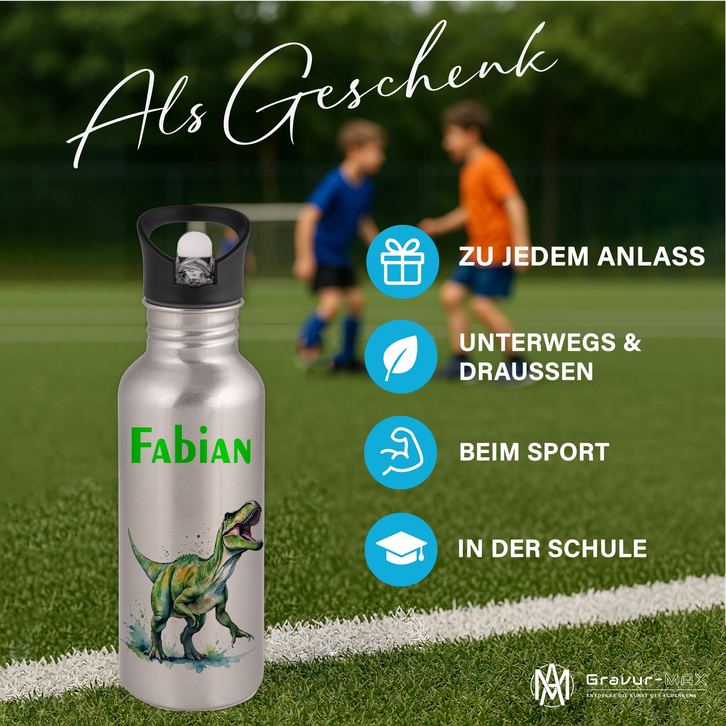 Trinkflasche mit Strohhalm in Silber 600ml bedruckt mit tollen Motiven für Kinder "Dino T-Rex" personalisierbar für Kinder mit Wunschname aus Edelstahl