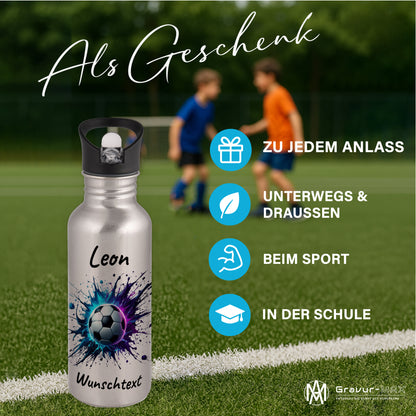 Trinkflasche mit Strohhalm in Silber 600ml bedruckt mit Fußball Motiven"Motiv10" personalisierbar für Kinder mit Wunschname aus Edelstahl