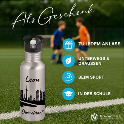 Trinkflasche in Silber 600ml aus Edelstahl bedruckt mit der Skyline von Düsseldorf personalisierbar mit Wunschname