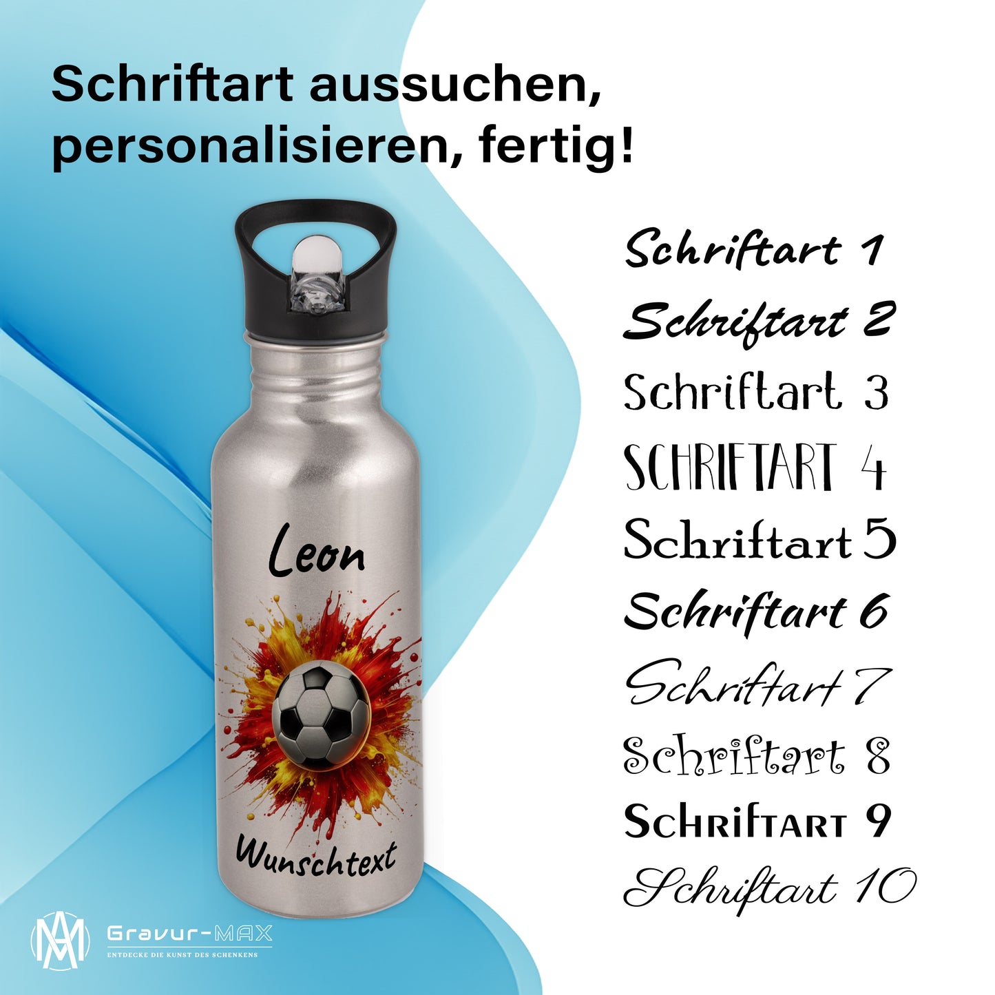 Trinkflasche mit Strohhalm in Silber 600ml bedruckt mit Fußball Motiven"Motiv9" personalisierbar für Kinder mit Wunschname aus Edelstahl