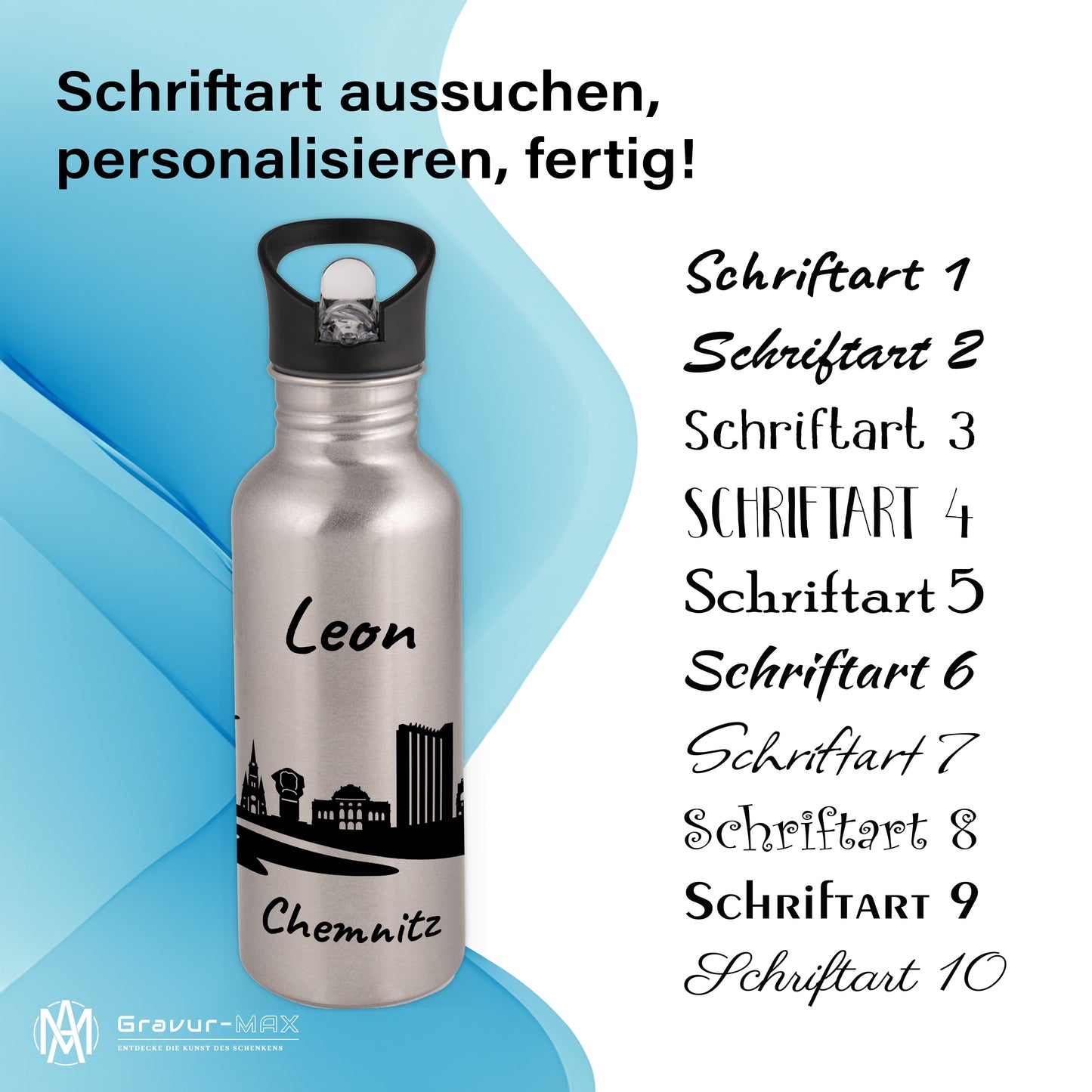 Trinkflasche in Silber 600ml aus Edelstahl bedruckt mit der Skyline von Chemnitz personalisierbar mit Wunschname