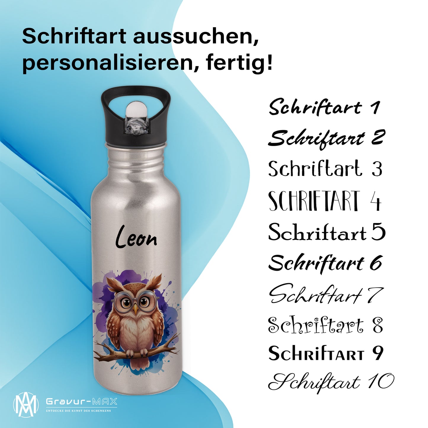 Trinkflasche mit Strohhalm in Silber 600ml bedruckt mit niedlichen Tieren"Eule" personalisierbar für Kinder mit Wunschname aus Edelstahl