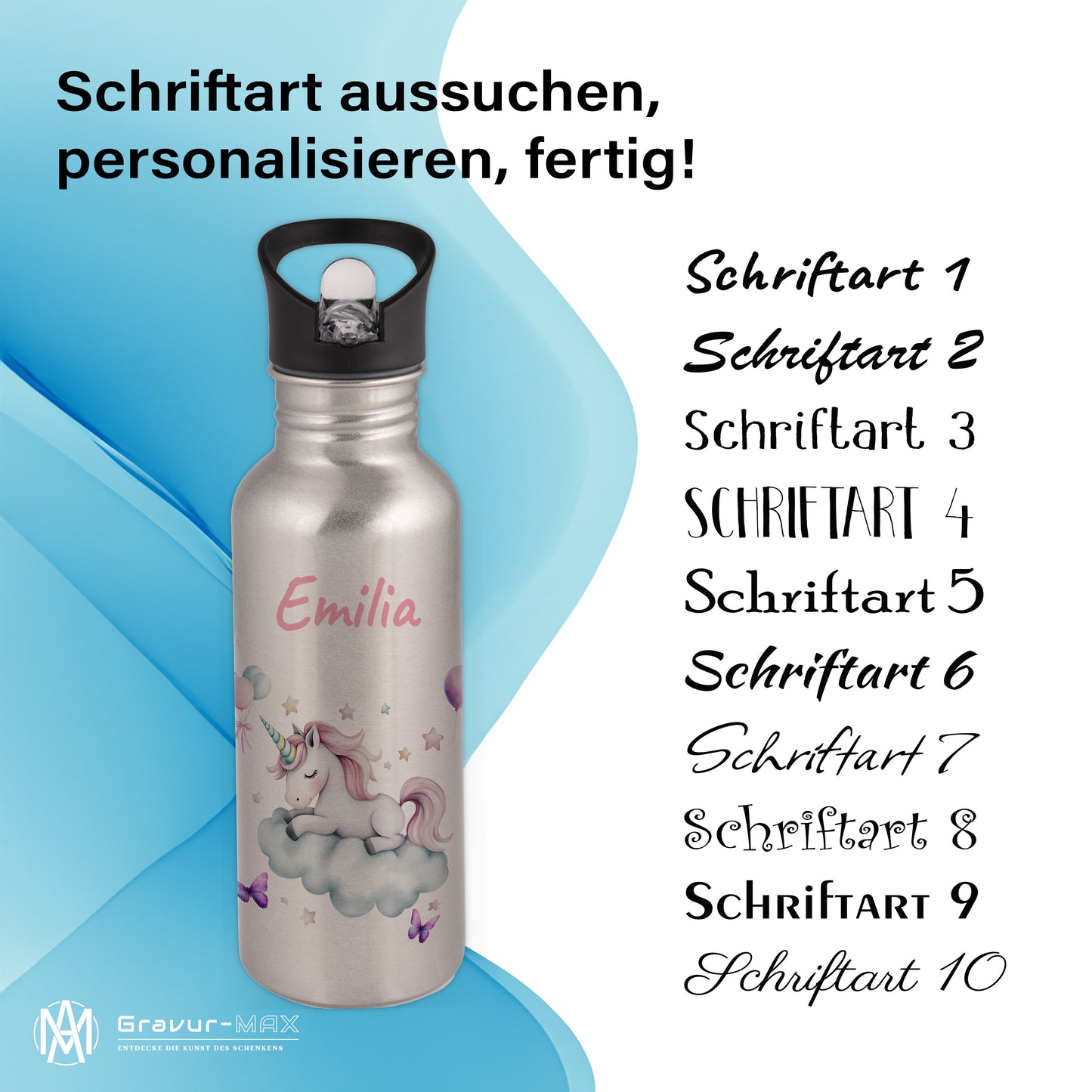 Trinkflasche mit Strohhalm in Silber 600ml bedruckt mit tollen Motiven für Kinder "Einhorn Wolke" personalisierbar für Kinder mit Wunschname aus Edelstahl