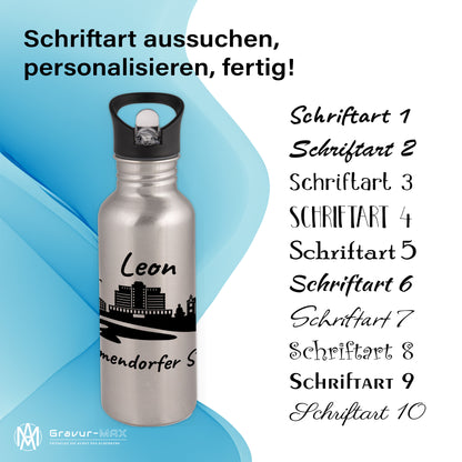Trinkflasche in Silber 600ml aus Edelstahl bedruckt mit der Skyline von Timmendorfer Strand personalisierbar mit Wunschname