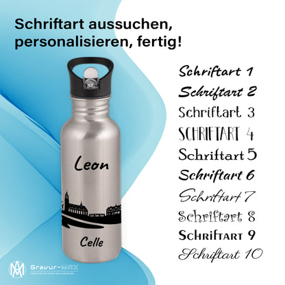 Trinkflasche in Silber 600ml aus Edelstahl bedruckt mit der Skyline von Celle personalisierbar mit Wunschname