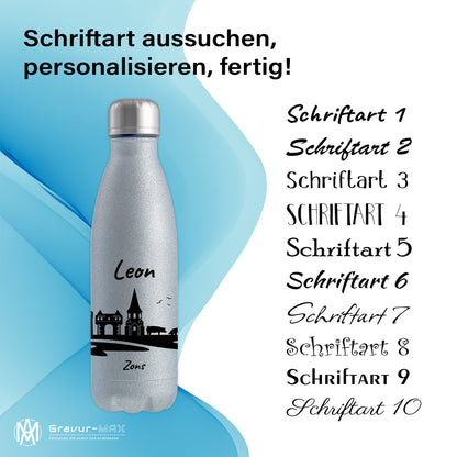 Glitzer Trinkflasche in Silber 500ml aus Edelstahl bedruckt mit der Skyline von Zons (Dormagen) personalisierbar mit Wunschname