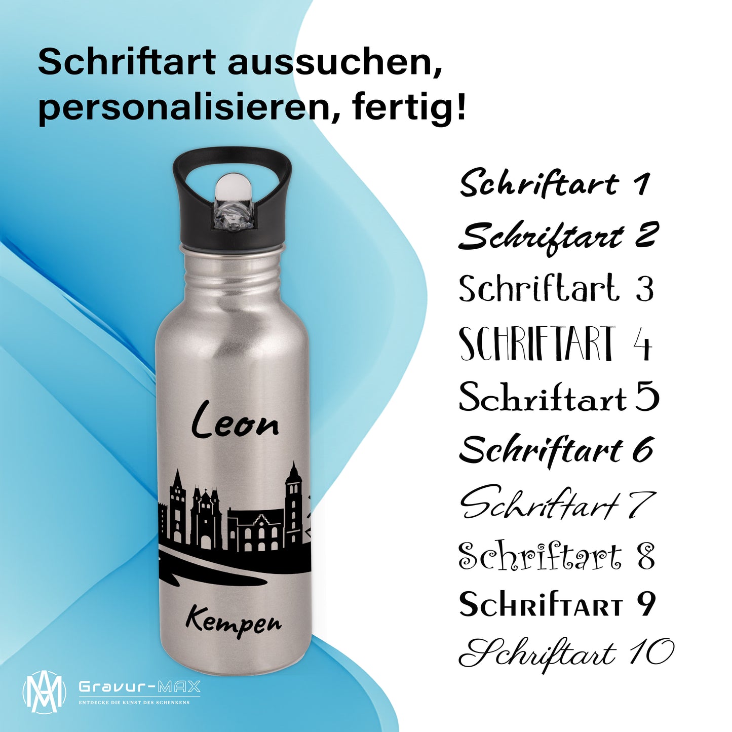 Trinkflasche in Silber 600ml aus Edelstahl bedruckt mit der Skyline von Kempen personalisierbar mit Wunschname