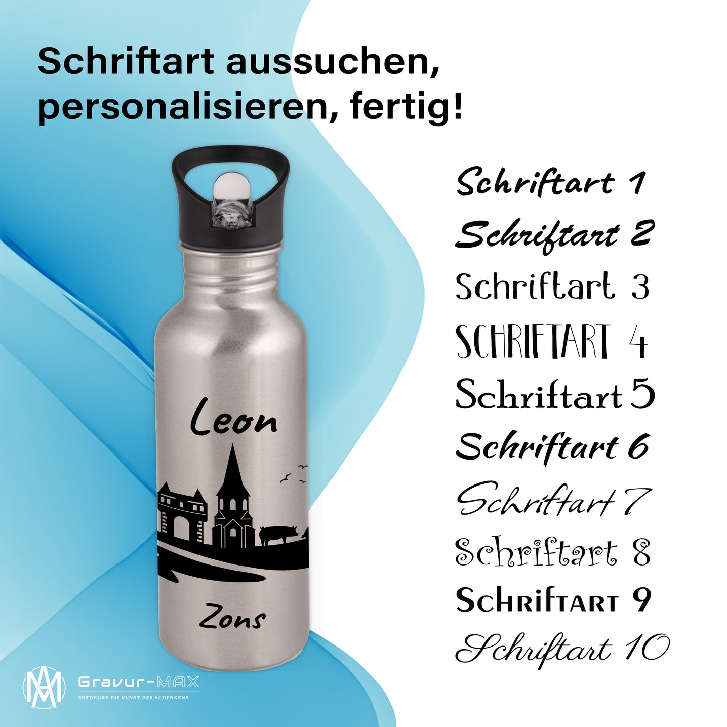 Trinkflasche in Silber 600ml aus Edelstahl bedruckt mit der Skyline von Zons (Dormagen) personalisierbar mit Wunschname