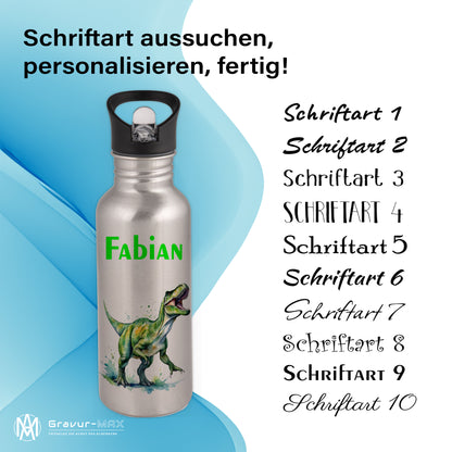 Trinkflasche mit Strohhalm in Silber 600ml bedruckt mit tollen Motiven für Kinder "Dino T-Rex" personalisierbar für Kinder mit Wunschname aus Edelstahl