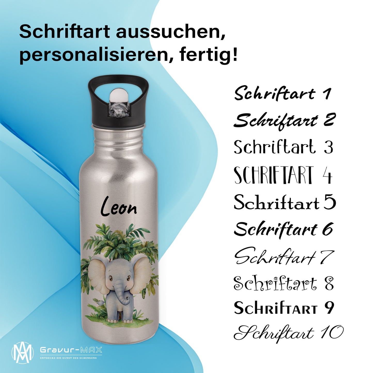 Trinkflasche mit Strohhalm in Silber 600ml bedruckt mit Dschungel Tieren"Elefant" personalisierbar für Kinder mit Wunschname aus Edelstahl