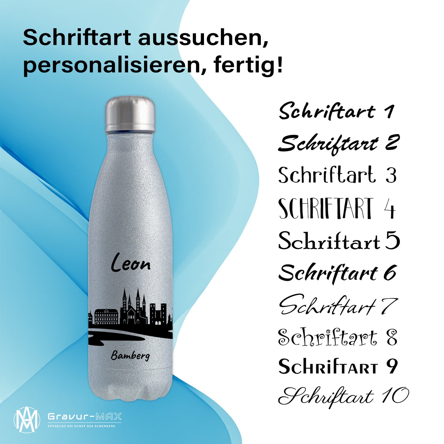 Glitzer Trinkflasche in Silber 500ml aus Edelstahl bedruckt mit der Skyline von Bamberg personalisierbar mit Wunschname