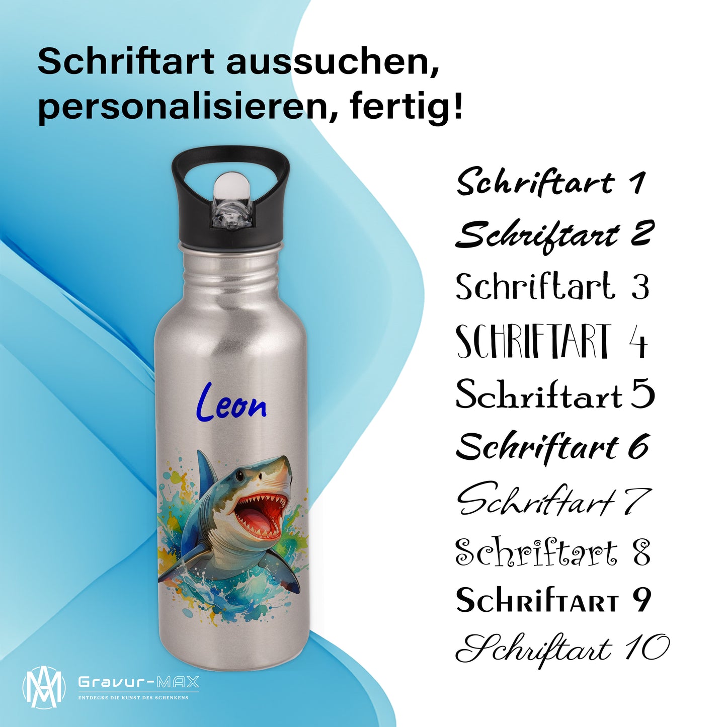 Trinkflasche mit Strohhalm in Silber 600ml bedruckt mit tollen Motiven für Kinder "Hai" personalisierbar für Kinder mit Wunschname aus Edelstahl