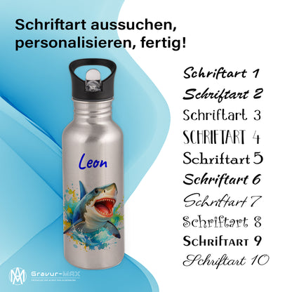 Trinkflasche mit Strohhalm in Silber 600ml bedruckt mit tollen Motiven für Kinder "Hai" personalisierbar für Kinder mit Wunschname aus Edelstahl