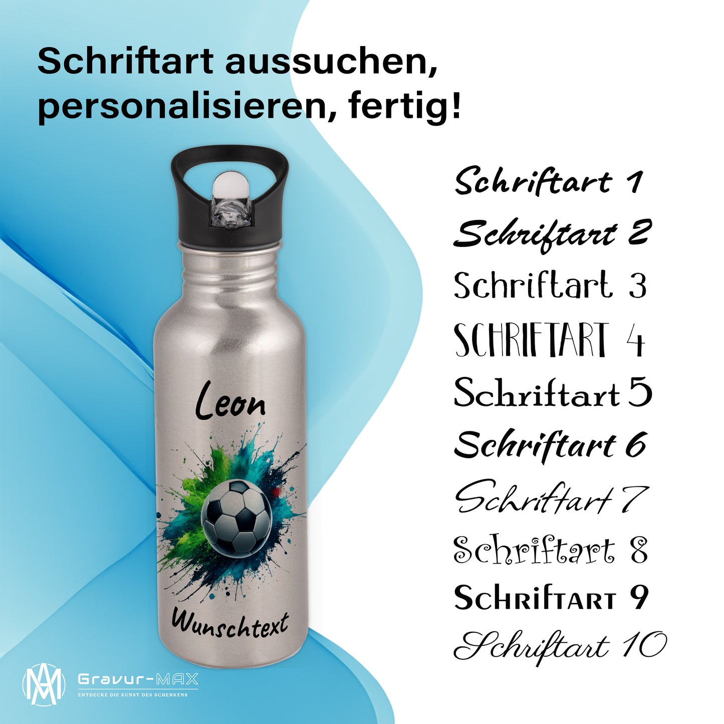 Trinkflasche mit Strohhalm in Silber 600ml bedruckt mit Fußball Motiven"Motiv8" personalisierbar für Kinder mit Wunschname aus Edelstahl