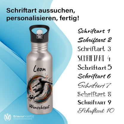 Trinkflasche mit Strohhalm in Silber 600ml bedruckt mit Fußball Motiven"Motiv1" personalisierbar für Kinder mit Wunschname aus Edelstahl