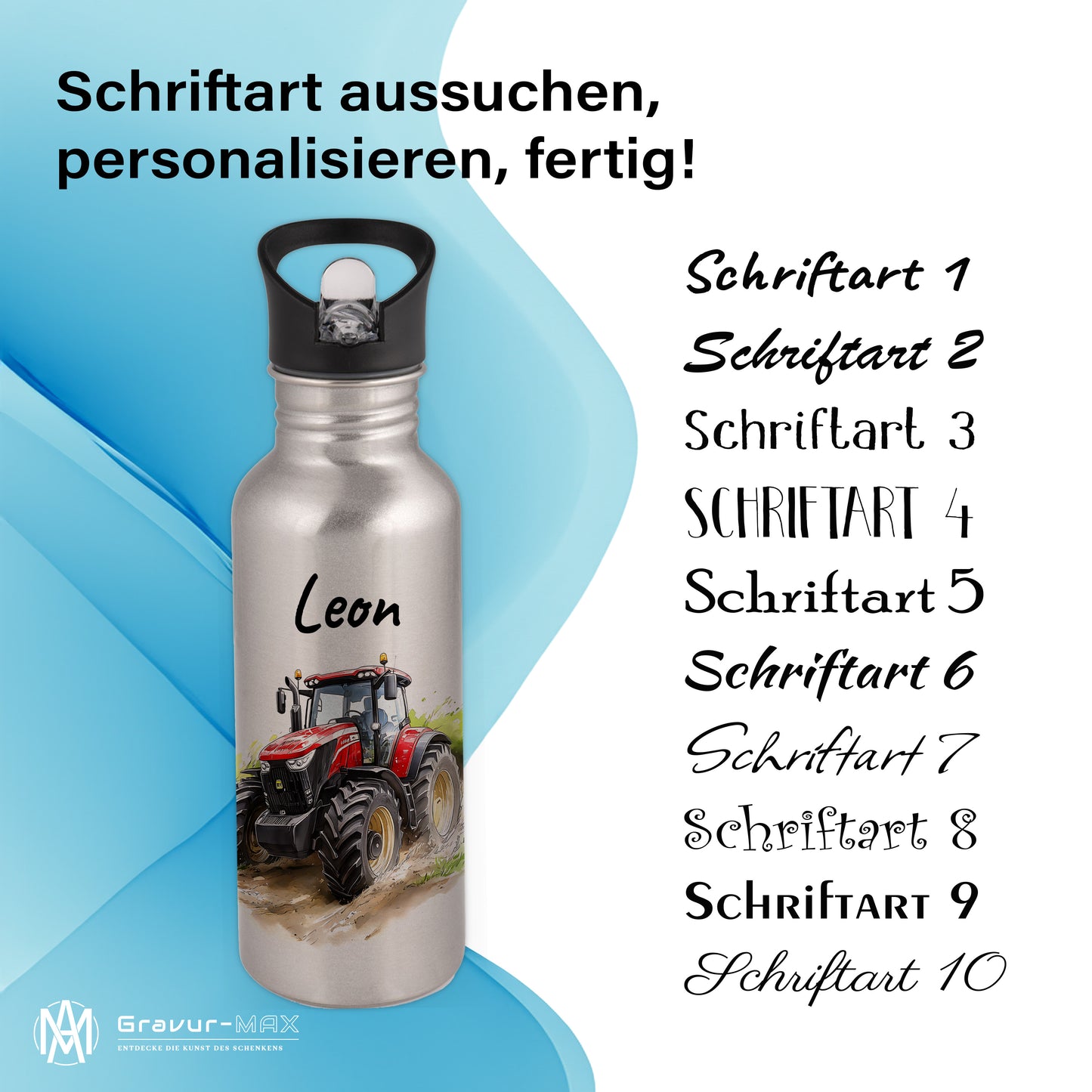 Trinkflasche mit Strohhalm in Silber 600ml bedruckt mit tollen Motiven für Kinder "Traktor" personalisierbar für Kinder mit Wunschname aus Edelstahl