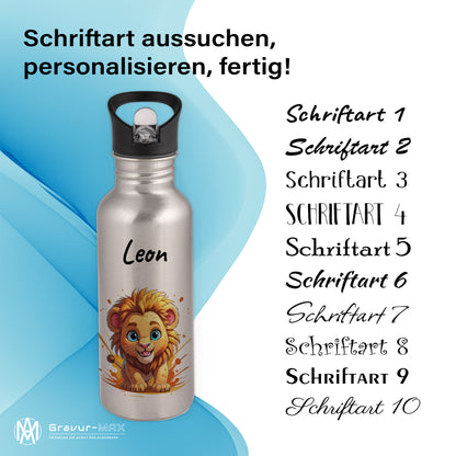 Trinkflasche mit Strohhalm in Silber 600ml bedruckt mit niedlichen Tieren"Löwe" personalisierbar für Kinder mit Wunschname aus Edelstahl