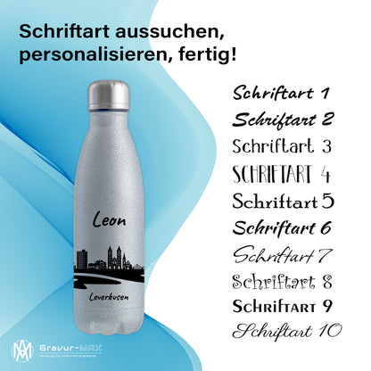 Glitzer Trinkflasche in Silber 500ml aus Edelstahl bedruckt mit der Skyline von Leverkusen personalisierbar mit Wunschname