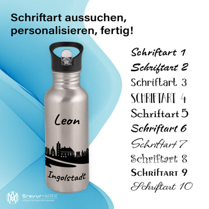 Trinkflasche in Silber 600ml aus Edelstahl bedruckt mit der Skyline von Ingolstadt personalisierbar mit Wunschname