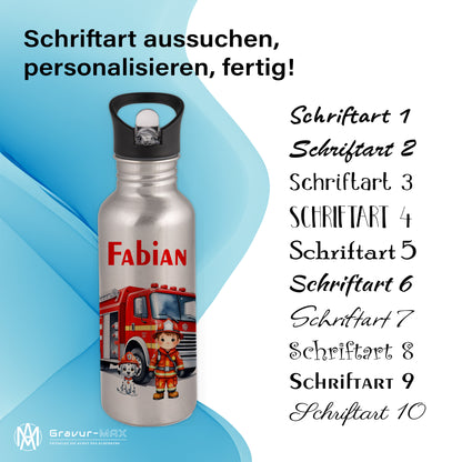 Trinkflasche mit Strohhalm in Silber 600ml bedruckt mit tollen Motiven für Kinder "Feuerwehr" personalisierbar für Kinder mit Wunschname aus Edelstahl