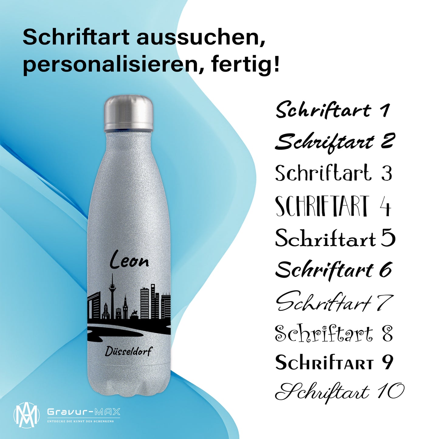 Glitzer Trinkflasche in Silber 500ml aus Edelstahl bedruckt mit der Skyline von Düsseldorf personalisierbar mit Wunschname