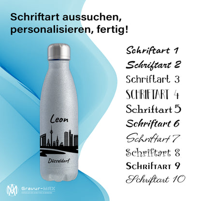 Glitzer Trinkflasche in Silber 500ml aus Edelstahl bedruckt mit der Skyline von Düsseldorf personalisierbar mit Wunschname
